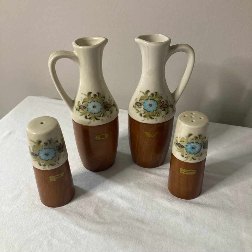 MCM Vintage Wood And Porcelain Oil Vinegar Salt Pepper Set Floral Japan
